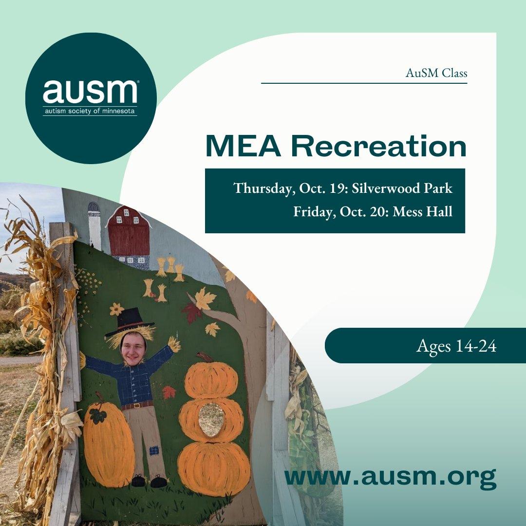 AutismMN's tweet photo. We have two #SocialandRecreation classes over #MEAWeekend. On Thursday we're hiking among sculptures and fall colors in Silverwood Park, then on Friday it's #AutisticSocializing with an unconventional art experience at Mess Hall.
https://t.co/S2Riuv5sVV https://t.co/mrdpZThnbI