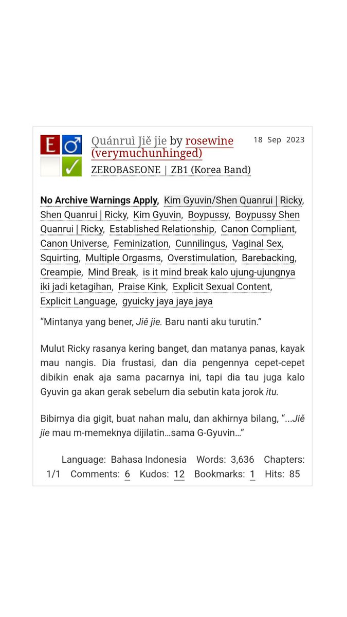 verymuchunhnged's tweet photo. 𝘘𝘶𝘢𝘯𝘳𝘶𝘪 𝘑𝘪𝘦 𝘫𝘪𝘦 

☆ Gyuicky/ gyubrick, bp!icky, read tags below for more
☆ Explicit 🔞 | 3,636k words | ID

🔗 https://t.co/iys68WM3jt https://t.co/SQlyBbzKhf