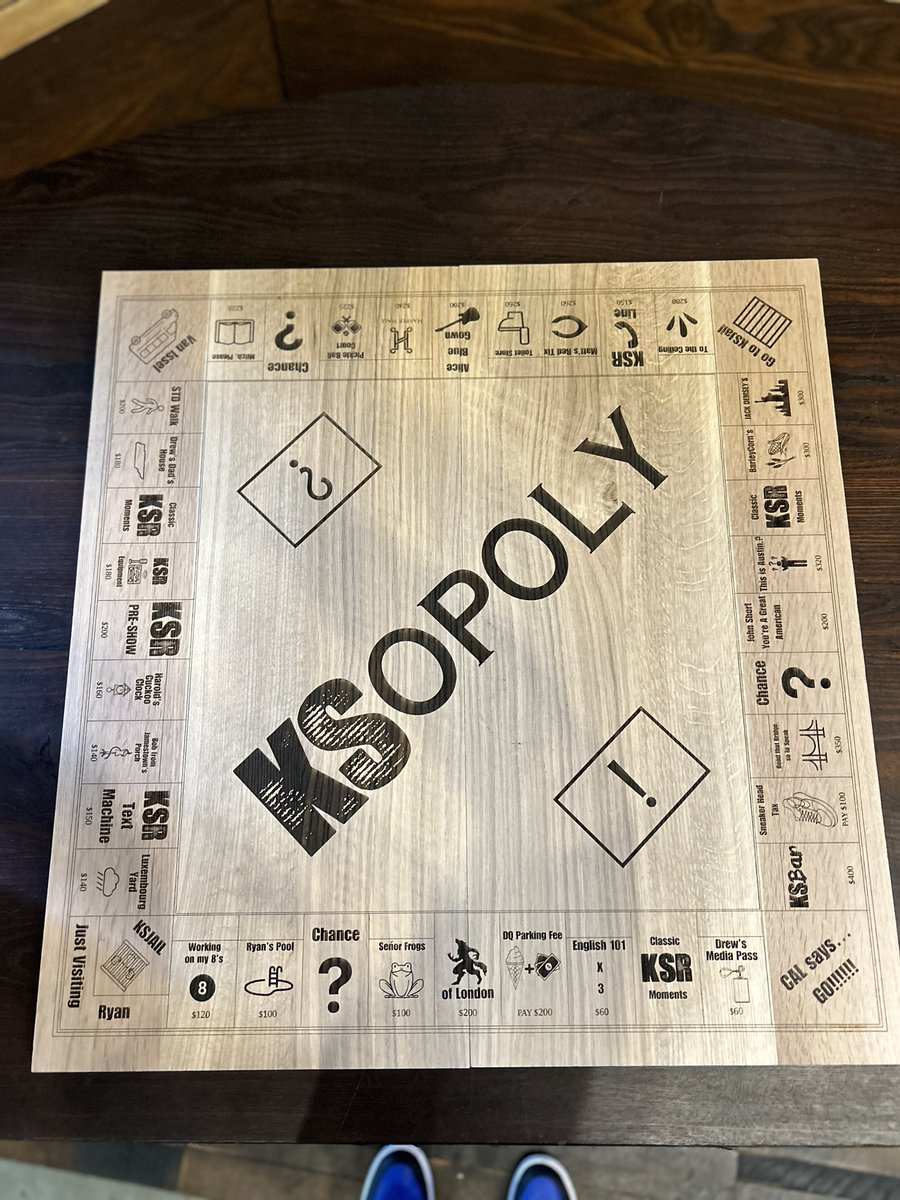 Clarkmanship's tweet photo. THE KSOPOLY Board! Highlighting your favorite KSR moments. The guys have given their blessing to auction this off at the annual KY FFA Gala. You can bid here! Auction is live!  Look for Lot 46
@DrewFranklinKSR @KySportsRadio @ryanlemond @ShannonTheDude 

https://t.co/Ug07HLKD6h https://t.co/CbG5snjeb1