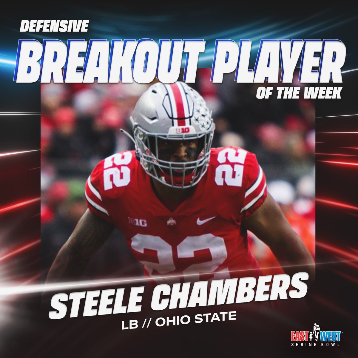 #ShrineBowl Defensive Breakout Player of the Week: 💫Steele Chambers (@steeleC22) - WKU vs @OhioStateFB 📈8 tackles 📈4 solo 📈1 INT #GoBucks