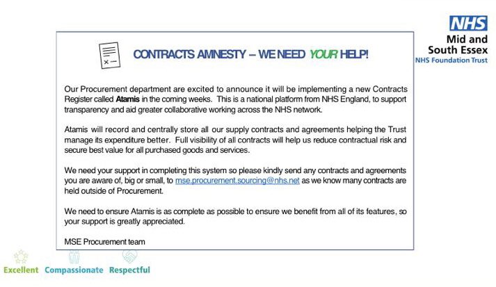 Kicking off the MSEFT contract amnesty this week with the Procurement team <a href="/MSEHospitals/">Mid and South Essex NHS Foundation Trust</a> supporting our clinical teams to #improvingvalue <a href="/MSEImprovement/">MSEFT Improving Quality and Value</a> <a href="/DawnScrafield/">Dawn Scrafield</a> <a href="/ninavanm/">Nina van Markwijk 💙</a> <a href="/CEmWilliams/">Charlotte Williams (also on Bluesky)</a>