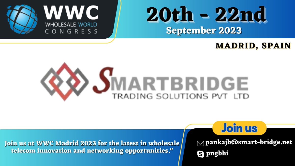 SmartbridgeTra1's tweet photo. Join us at WWC Madrid 2023 for the latest in wholesale telecom innovation and networking opportunities."

#WWCMadrid2023 #TelecomInnovation #NetworkingOpportunity #NetworkingEvent #IndustryGathering #GlobalTelecom #WWCConference #MadridTech #TelecomNetworking #2023Events https://t.co/lxu6zCynHU