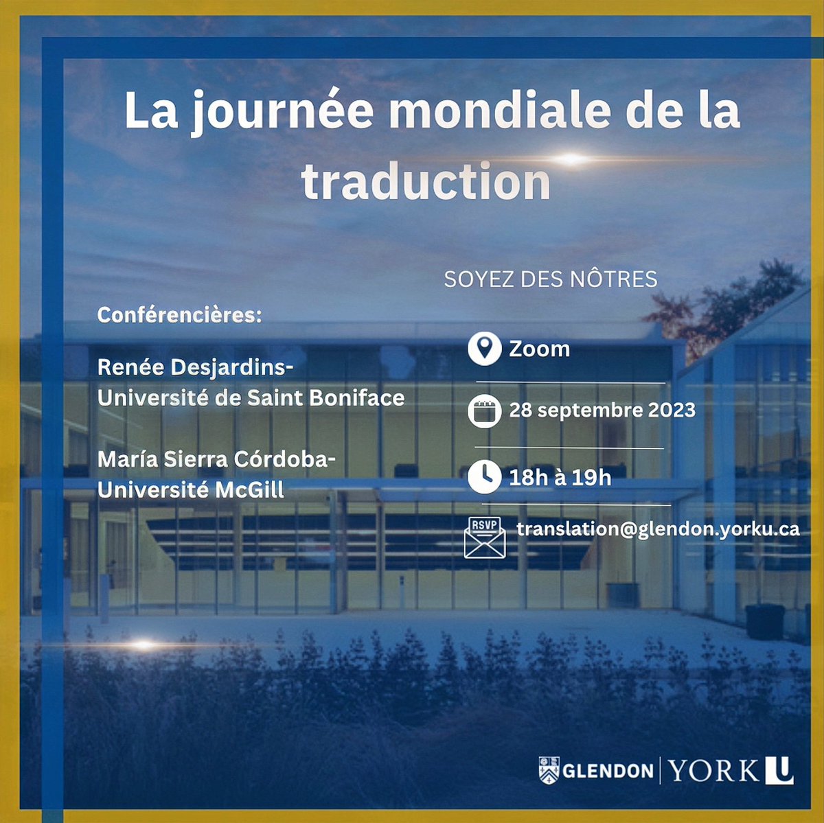 Marquez vos calendriers ! Joignez-vous à nous pour un événement en ligne passionnant à l'occasion de la Journée mondiale de la traduction. Confirmez votre présence : translation@glendon.yorku.ca !