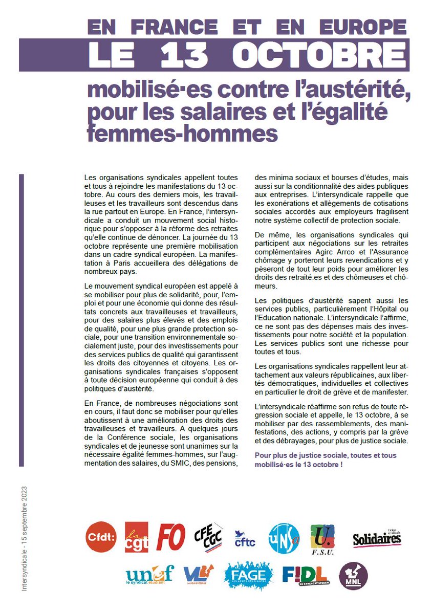force_ouvriere's tweet photo. Communiqué de l'intersyndicale : le 13 octobre, mobilisés contre l'austérité, pour les salaires et l'égalité femmes-hommes https://t.co/iBULFQkixL
