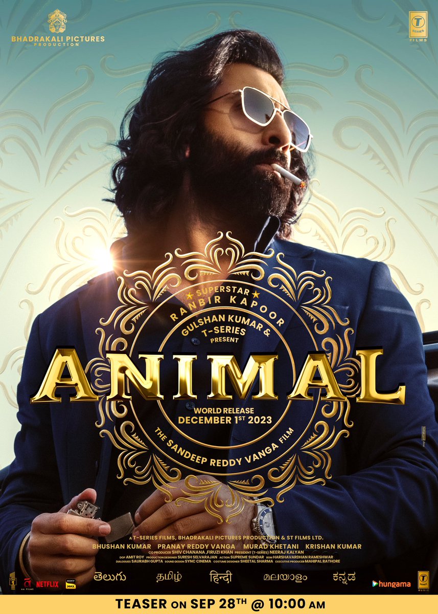 PPMoviez's tweet photo. Team #Animal will unveil #AnimalTeaser on 28 Sept 2023 [#RanbirKapoor’s birthday]… Directed by #SandeepReddyVanga, the film arrives in *cinemas* on 1 Dec 2023.

Will release in #Hindi, #Telugu, #Tamil, #Kannada and #Malayalam.
#BhushanKumar #MuradKhetani 
#AnimalTeaserOn28thSept https://t.co/PvpQbKVkBD