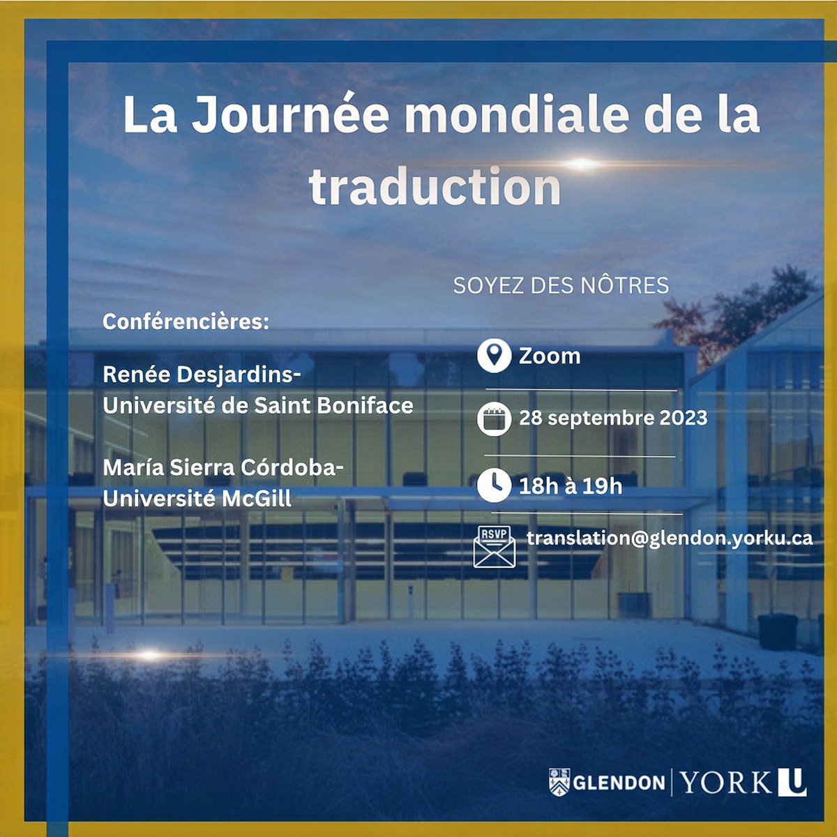 Marquez vos calendriers ! Joignez-vous à nous pour un événement en ligne passionnant à l'occasion de la Journée mondiale de la traduction. Confirmez votre présence : translation@glendon.yorku.ca !