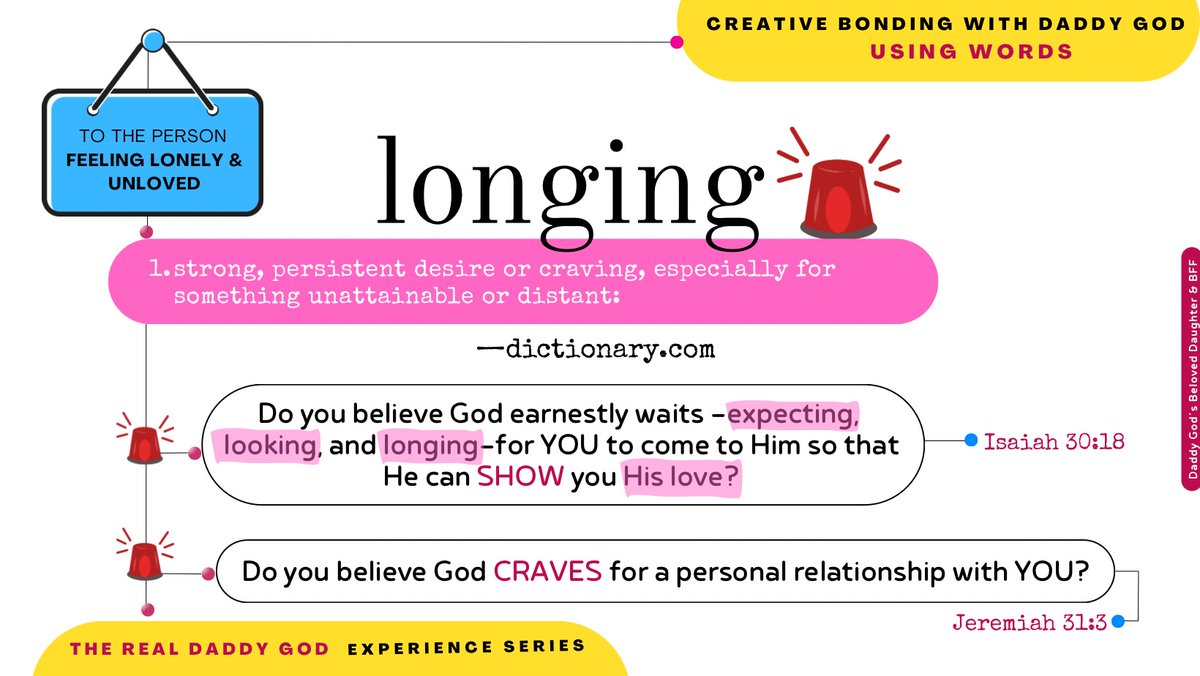 Hey Beautiful People. THE CREATIVE BONDING exercise with Daddy God is ♥️BONDING♥️ The heavenly Dad…who has a LONGING… for YOU… & Me? 🤔PAUSE for Reflections.🙏🏾
#LongingForYou  #craveactivity  #deeplove #friendship #FriendshipGoals #♥️
#love  #God #Jesus #Friend_SHIP #words