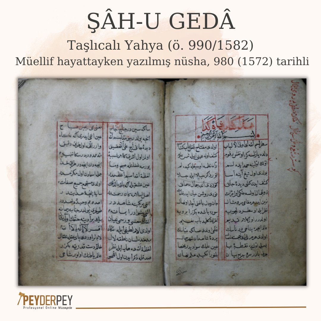 PeyderpeyM's tweet photo. ŞÂH-U GEDÂ, elyazma, Taşlıcalı Yahya (ö. 990/1582), Müellif hayattayken yazılmış nüsha, ketebe: Emetullah binti Şeyh Muslihiddin, 980 (1572) tarihli

"Şâh u Gedâ. 1000 beyit civarındaki mesnevi şairin kendi tecrübesinin ürünü olup beşerî aşktan⤵️ https://t.co/Z0g86LmRyu