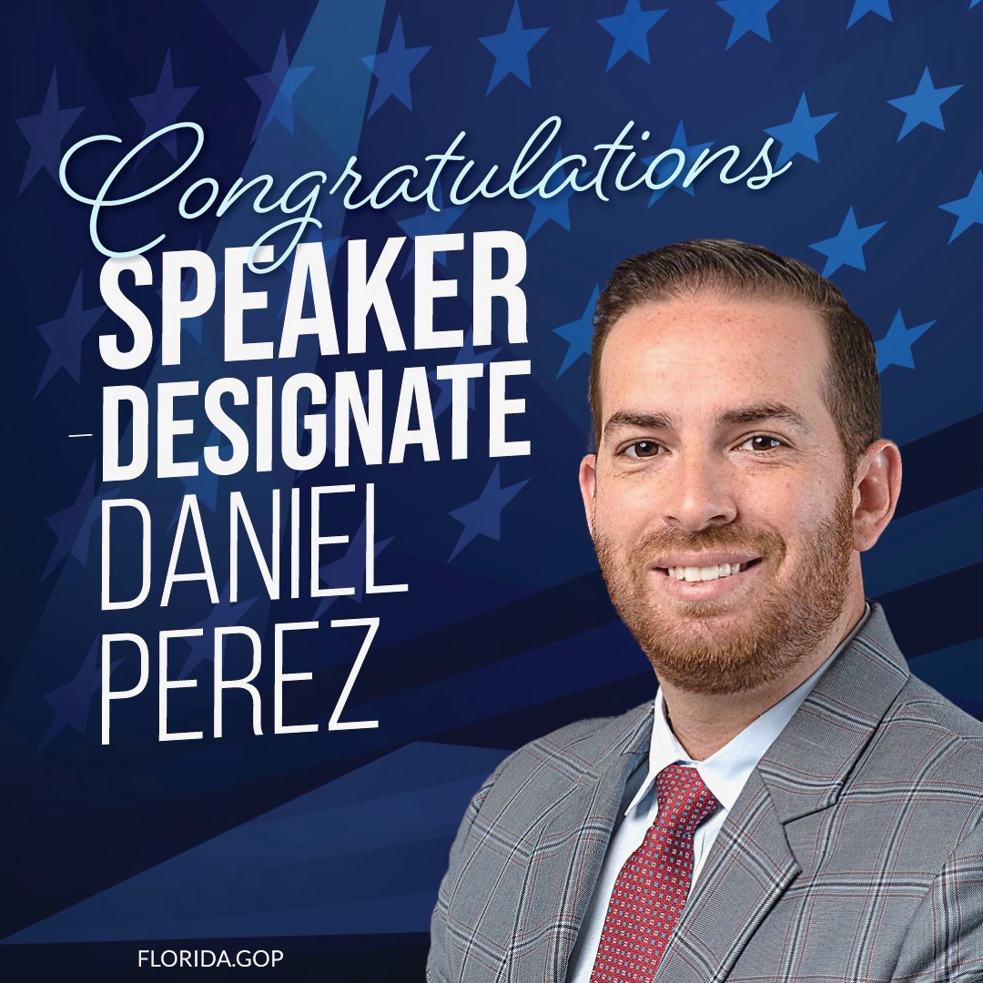 FloridaGOP's tweet photo. Congratulations @Daniel_PerezFL, on being named speaker-designate of the Florida House. 
He is passionate about serving the people of Florida and will lead with courage and dedication. Well deserved! https://t.co/WbAQctrxPC