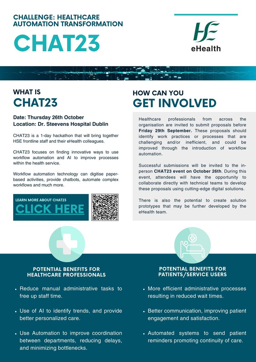 1/2 CHAT23 is a 1-day hackathon that will bring together HSE frontline staff and eHealth colleagues to focus on ways to improve workflows. Find out more: pulse.ly/yefm1i0uoo #eHealth4all #CHAT23 @kevinjkel @loretto_grogan @jcwemyss @frthompson @niallhalliday @WeHSCPs