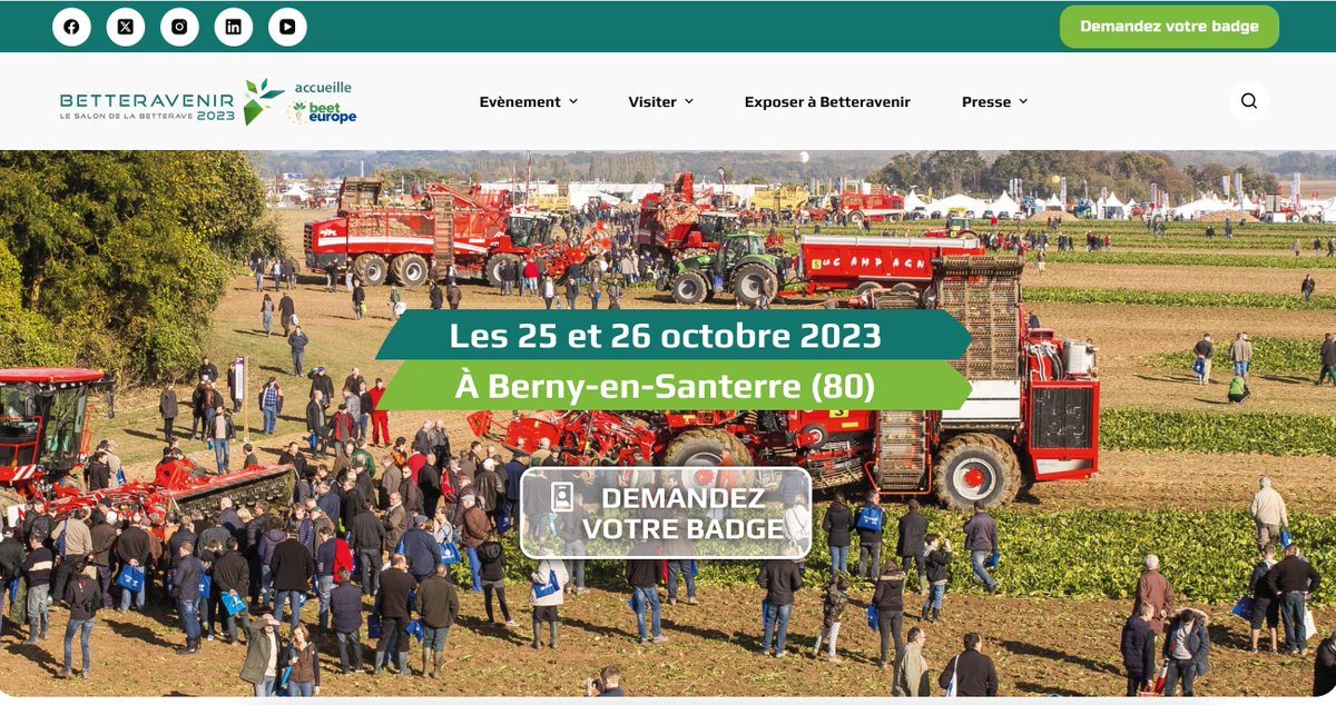 7 ans après sa dernière édition, Betteravenir est de retour en France, les 25 et 26 octobre 2023 à Berny-en-Santerre, dans la Somme.
Demandez vite votre badge d'accès gratuit au salon sur betteravenir.com
#Betteravenir2023