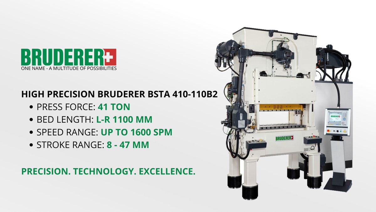 BrudererUK's tweet photo. A PERFECT ALL-ROUNDER - The Bruderer BSTA 410-110B2 press, benefits from a 1.1 metre bed area, adjustable stroke and speed of up to 1600spm.
Want to know more, our UK team are happy to hear from you.

#stampingpress #highspeed #ukmanufacturing #ukmfg #precison #engineering https://t.co/VaynOzvbUt