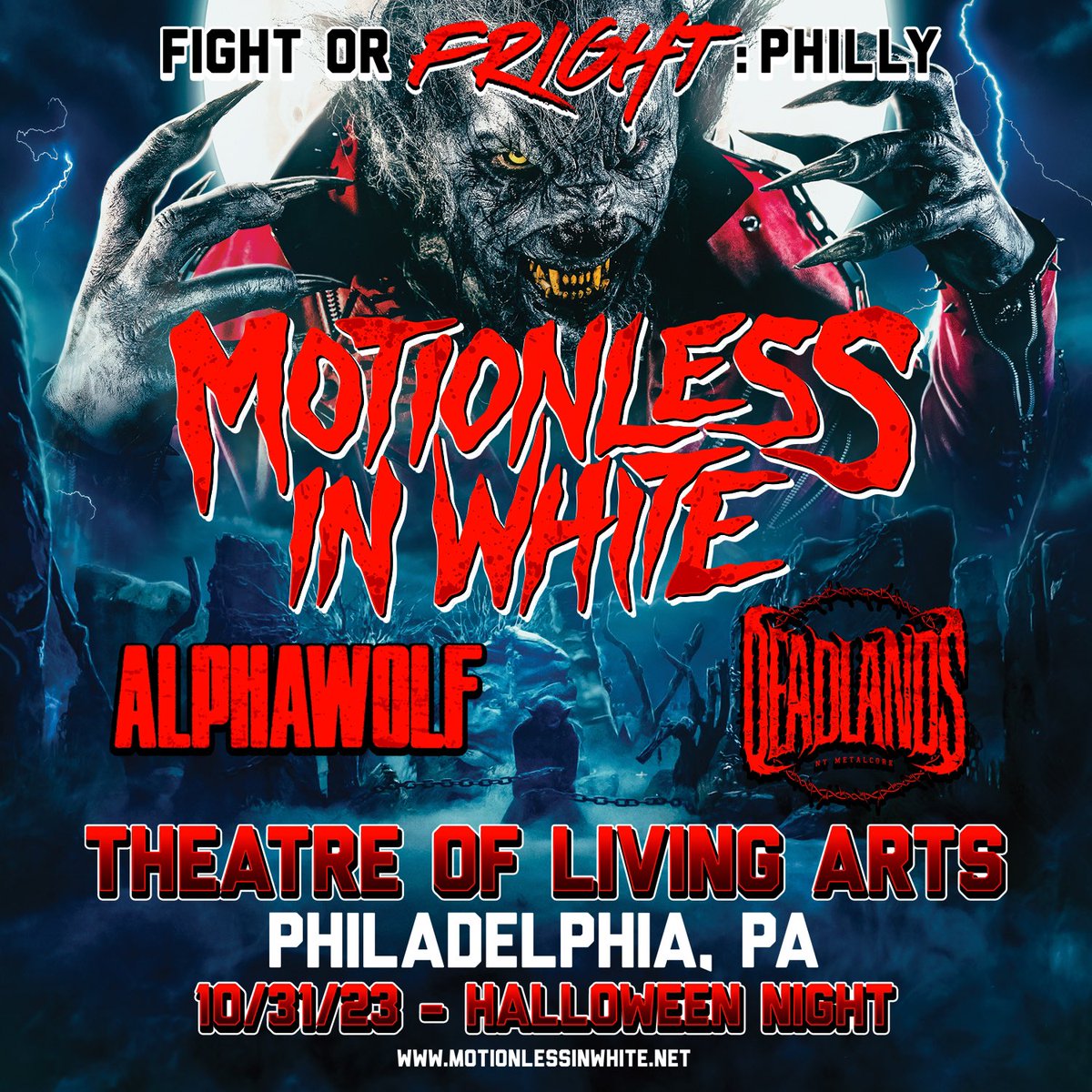 MIWband's tweet photo. You didn’t think we were going to leave you out, did you, Philly? This Halloween it’s Fight Or Fright at the TLA with our friends in @AlphaWolfCVLT and @DeadlandsBand. On sale Friday, September 22nd with an exclusive pre sale for our mailing list subscribers starting tomorrow, September 19th.
