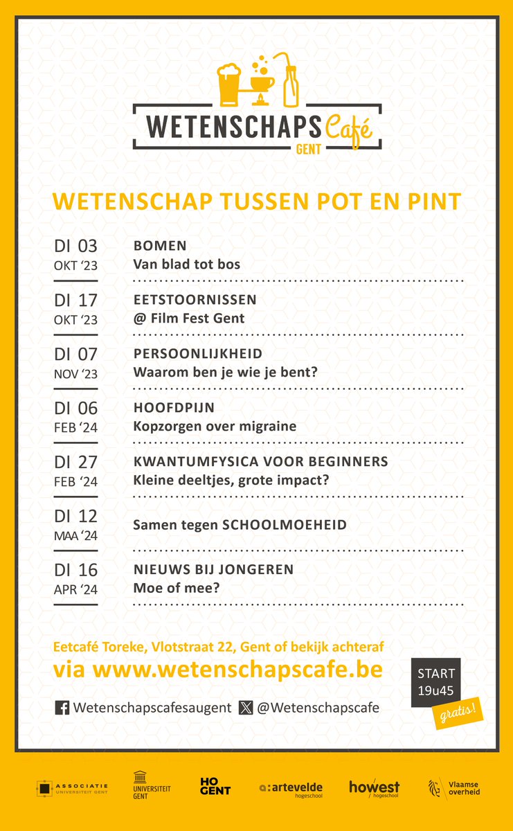 Wetenschapscafé (@wetenschapscafe) on Twitter photo 🌟Nieuw seizoen, nieuwe inzichten!
🗓️Neem je agenda erbij voor een nieuwe seizoen wetenschapscafés. 
👇Ga 7 dinsdagavonden in gesprek met onderzoekers over boeiende, maatschappelijk relevante onderwerpen.
wetenschapscafe.be
#wetenschapscafe 
#wetenschapscommunicatie 🌟Nieuw seizoen, nieuwe inzichten!
🗓️Neem je agenda erbij voor een nieuwe seizoen wetenschapscafés. 
👇Ga 7 dinsdagavonden in gesprek met onderzoekers over boeiende, maatschappelijk relevante onderwerpen.
wetenschapscafe.be
#wetenschapscafe 
#wetenschapscommunicatie