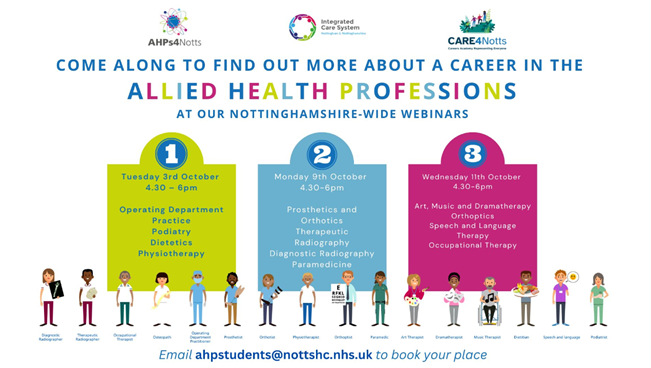Very excited to announce our @Notts_ICS AHP Careers Webinars. Want to hear from REAL AHPs working in Nottingham and Nottinghamshire about how to get a career just like theirs? Follow the booking info below 👇 . @SFHFT @NUH_AHPs @NottsHealthcare @ncitycare @NottsAlliance