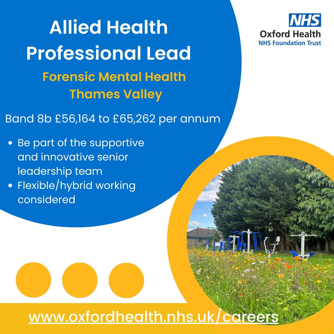 This is an ideal opportunity for an experienced OT to provide professional &amp; strategic leadership to our AHPs in the Forensic Directorate.

tinyurl.com/2t58m89x 
#OneOHFT #WorkWithUs  #Hiring #NHSJobs #JoinOurTeam #ForensicMentalHealth #OccupationalTherapist #OT #ThamesValley