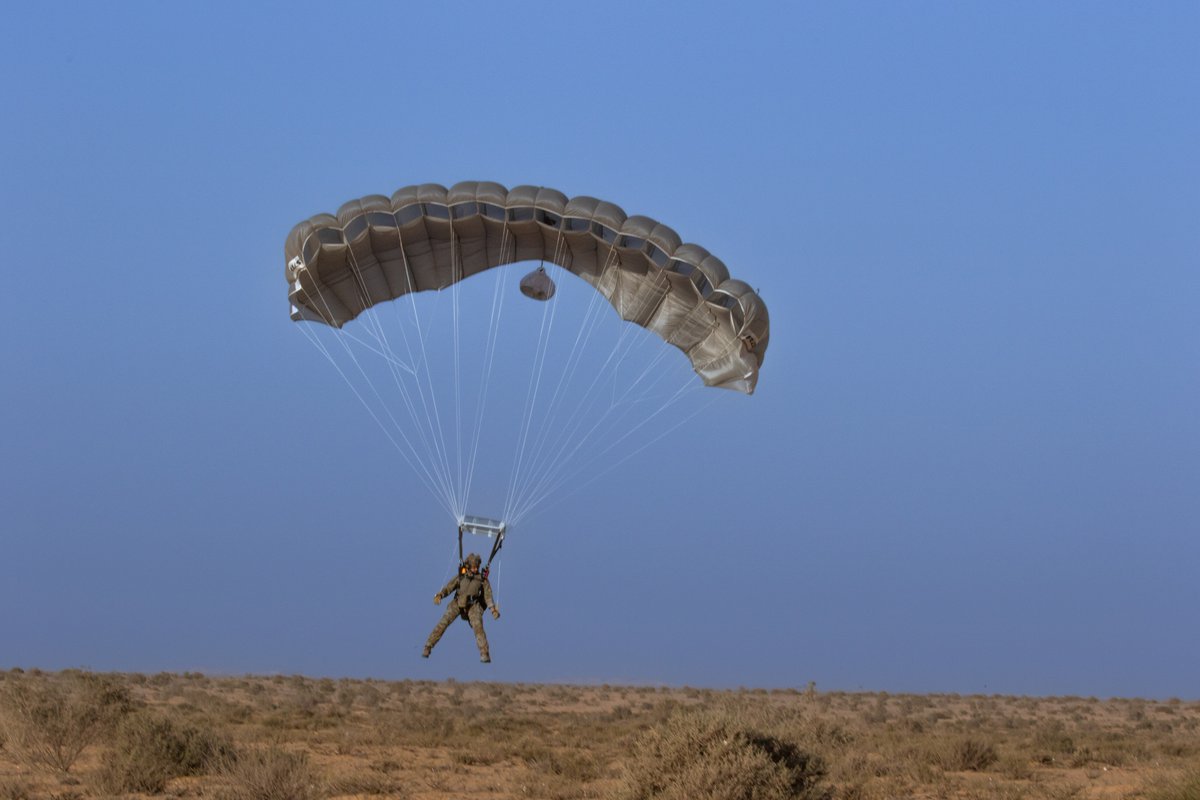 A special operations forces member from Greece parachutes during a military freefall multilateral airborne exercise for #BrightStar23 on Mohamed Naguib Military Base, Egypt, Sept. 7, 2023 #PeoplePartnersInnovation
