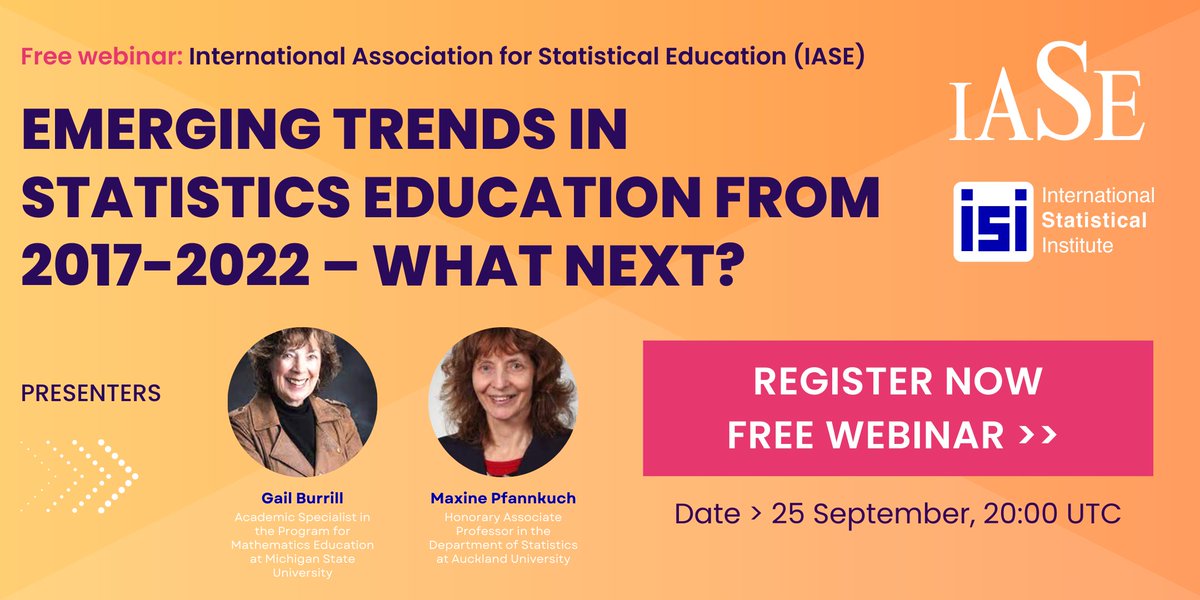 International Statistical Institute (@int_statistical) on Twitter photo Free Webinar! Emerging Trends in Statistics Education from 2017-2022. What next? Organised by @IASE: Gail Burrill & Maxine Pfannkuch
Register now: forms.gle/ZdYyHd5eHWkXhQโฆ
Date: 25 September, 20:00 UTC
All info: iase-web.org/Webinars.php
<a href="/UKStatsAuth/">UK Statistics Authority</a> <a href="/StatSocAus/">Statistical Society of Australia</a> <a href="/michiganstateu/">MSU</a> Free Webinar! Emerging Trends in Statistics Education from 2017-2022. What next? Organised by @IASE: Gail Burrill & Maxine Pfannkuch
Register now: forms.gle/ZdYyHd5eHWkXhQโฆ
Date: 25 September, 20:00 UTC
All info: iase-web.org/Webinars.php
<a href="/UKStatsAuth/">UK Statistics Authority</a> <a href="/StatSocAus/">Statistical Society of Australia</a> <a href="/michiganstateu/">MSU</a>