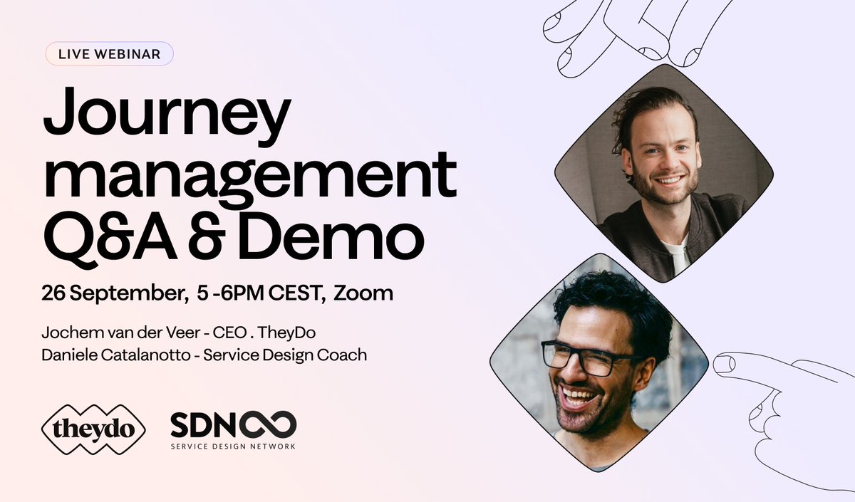 📅 Mark your calendar for September 26th!

Catch Jochem van der Veer and Daniele Catalanotto in action with a live TheyDo demo, courtesy of @SDNetwork. Stick around for the #webinar Q&A on #JourneyManagement.

Details here 👇
lnkd.in/dXhEzKbN