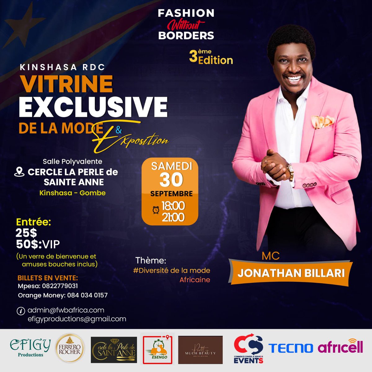 🇨🇩Préparez-vous Kinshasa .. Je reviens vers vous pour la 3e édition annuelle .
Les billets 🎫 sont maintenant disponibles sur admin@fwbafrica.com / efigyproductions@gmail.com
<a href="/BilariJonathan/">Bilari Jonathan</a> 
#DiversitythroughAfricanFashion
#fashionandlifestylemovement
#fwbkin🇨🇩