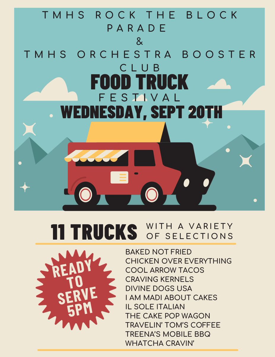 Tomball Memorial HS Orchestra 🎻 (@tmhsorchestra) on Twitter photo ELEVEN trucks to choose from before, during, and after the parade on Wednesday! <a href="/TISDTMHS/">Tomball Memorial High School</a> #hoco #rocktheblock ELEVEN trucks to choose from before, during, and after the parade on Wednesday! <a href="/TISDTMHS/">Tomball Memorial High School</a> #hoco #rocktheblock