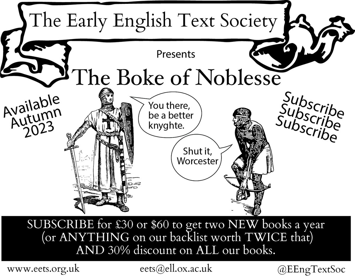 EEngTextSoc's tweet photo. We're about to publish the first of our two books for 2023: The Boke of Noblesse. Copies sent for free---along with The Trinity Homilies to follow--to anybody who subscribes in time at https://t.co/xz8JKqsz47 for 2023 https://t.co/ZeM42VlTmt
