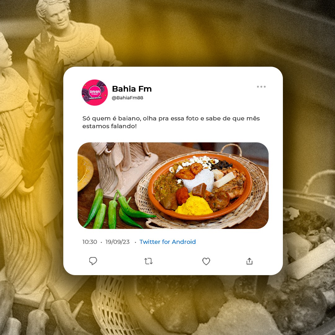 BahiaFM88's tweet photo. Diz aí: é ou não é? Deus me livre não ser baiano e não comer caruru em setembro, viu? E você? Já foi chamado (a) pra quantos esse mês? Chama Mainha também! Confira tudo que acontece em: https://t.co/r8WZu0JMnp #bahiafm #alegriatododia #caruru https://t.co/XV6q2wUdRR