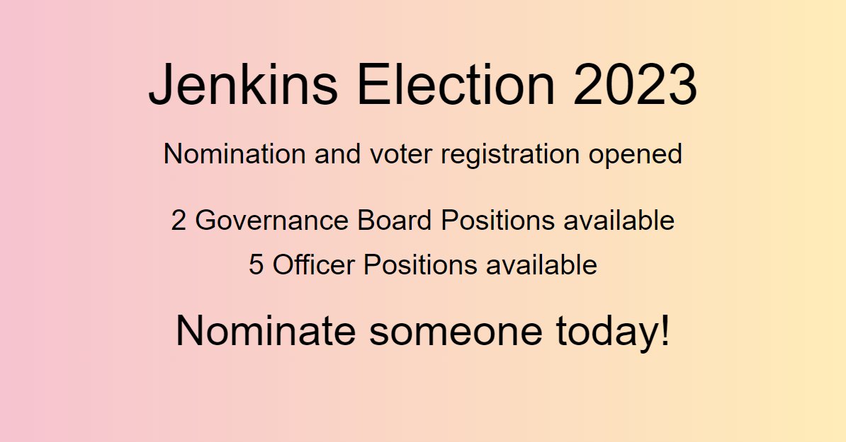 Nominations are open for Jenkins officers and for two positions on the Jenkins governance board. Voter registration is also open. Support the Jenkins project by registering to vote and by nominating candidates to serve. Details at jenkins.io/blog/2023/09/1…