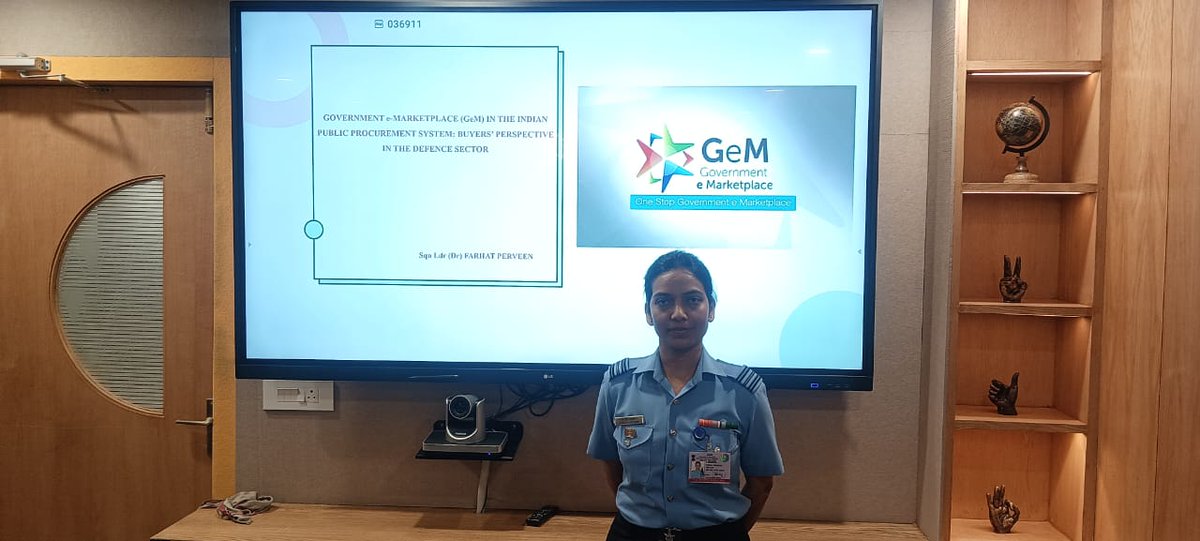 GeM_India's tweet photo. Squadron Leader (Dr.) Farhat Perveen from the Air HQs delivered a presentation on her doctorate thesis on the performance of Government e-Marketplace (GeM) to CEO, GeM and Senior GeM Officials. The research outcomes indicate that the adoption of the GeM platform has significantly elevated the effectiveness of India's existing public procurement system by an impressive 83.2%. GeM has demonstrated remarkable enhancements across various key performance indicators, including a remarkable 97% boost in procurement process efficiency, a substantial 93% increase in competitiveness, an impressive 85% enhancement in transparency, and a 79% improvement towards reduction in procurement costs. 

CEO, GeM expressed his appreciation for the dedicated efforts put forth in this research and directed to include her recommendations in the ongoing upgradation/ revamping of the platform.

@IAF_MCC @SpokespersonMoD @DefenceMinIndia @indiannavy @adgpi