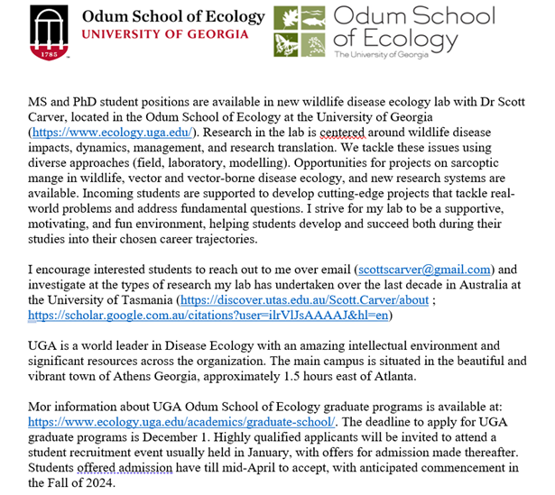 Scott Carver (@scott_s_carver) on Twitter photo I am recruiting graduate students (MS or PhD) in #wildlife #diseaseecology for my new lab at <a href="/UGAEcology/">Odum School of Ecology</a> to commence in Fall of 2024 (July/Aug). Field and modelling focused projects are available.
<a href="/ceid_uga/">CEID</a> <a href="/ESAdisease/">ESAdisease</a> I am recruiting graduate students (MS or PhD) in #wildlife #diseaseecology for my new lab at <a href="/UGAEcology/">Odum School of Ecology</a> to commence in Fall of 2024 (July/Aug). Field and modelling focused projects are available.
<a href="/ceid_uga/">CEID</a> <a href="/ESAdisease/">ESAdisease</a>