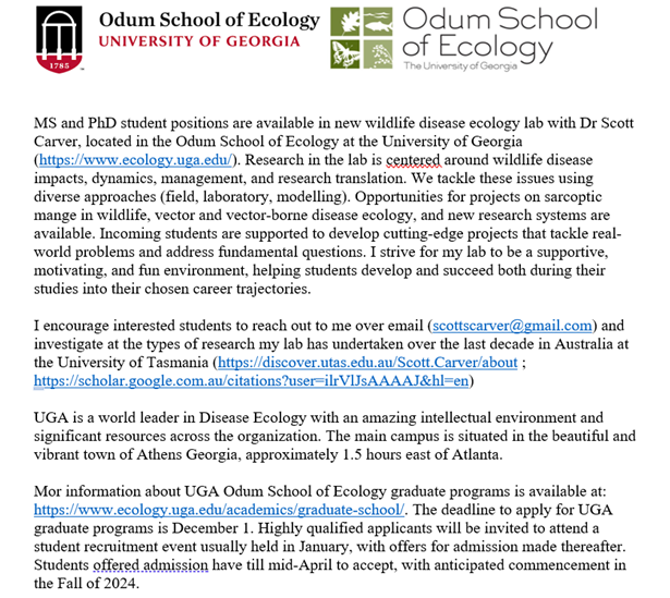 I am recruiting graduate students (MS or PhD) in #wildlife #diseaseecology for my new lab at @UGAEcology to commence in Fall of 2024 (July/Aug). Field and modelling focused projects are available.
@ceid_uga  @ESAdisease