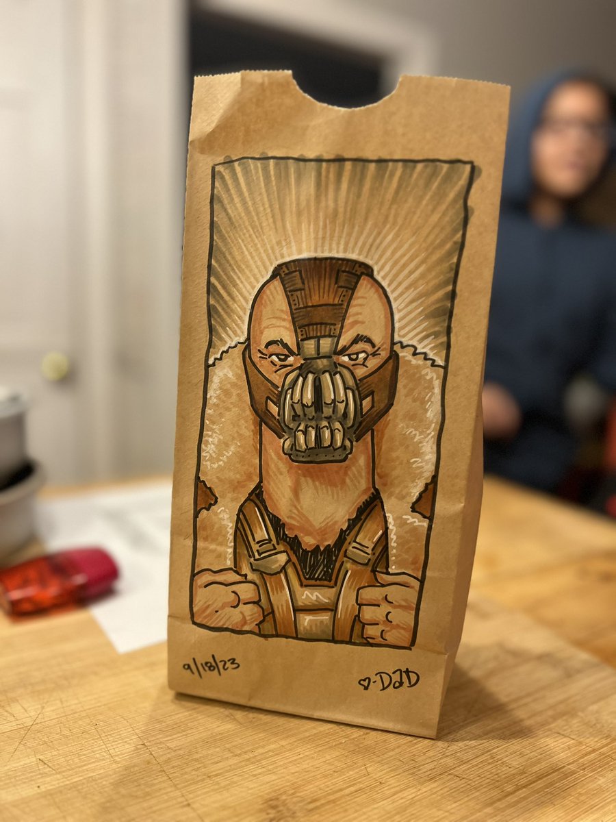 jacobsaariaho's tweet photo. Monday’s Lunch Bag Art (9/18/23): Bane (The Dark Knight Rises) #lunchbagart #kids #dad #drawing #doodle #timelapse #batman #thedarkknightrises https://t.co/e0WDhjeLYC