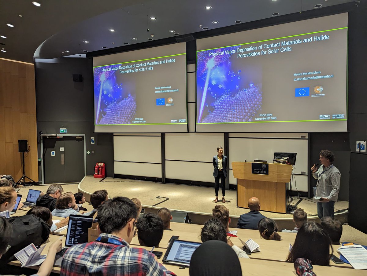 Henry welcomes <a href="/MMoralesMasis/">Monica Morales-Masis</a> from @utwente / <a href="/m3lab_/">M³ Optoelectronic Materials Group</a> to the stage to update on physical vapour deposition of #perovskite #PSCO23