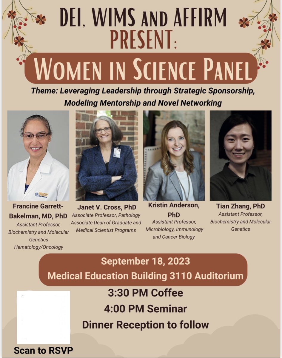 UVA_BIMS 🔬🥽🎓 (@uva_bims) on Twitter photo TODAY 9/18 at 4p::
DEI, <a href="/WIMS_UVA/">WIMS at UVA - Women in Medical Sciences</a> , and AFFIRM Women In Science Panel: Dr. Francine Garrett-Bakelman, Dr. Janet V. Cross, Dr. Kristin Anderson, and Dr. Tian Zhang. TODAY 9/18 at 4p::
DEI, <a href="/WIMS_UVA/">WIMS at UVA - Women in Medical Sciences</a> , and AFFIRM Women In Science Panel: Dr. Francine Garrett-Bakelman, Dr. Janet V. Cross, Dr. Kristin Anderson, and Dr. Tian Zhang.