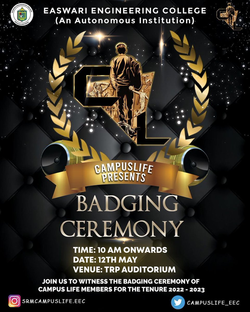 campuslife_eec's tweet photo. To honour the efforts of the Campus Life members, the badging ceremony of the 2022-2023 tenure will take place on 12/O5/23. Join us for the ceremony in the TRP from 10:00 a.m onwards!
#campuslife #talentia23 https://t.co/ZmyAmf21lA
