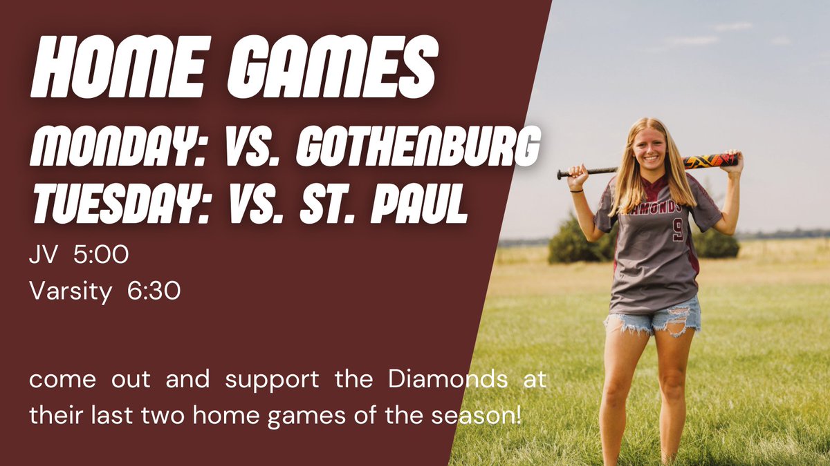 CcvDiamonds's tweet photo. 💎GAME DAY💎
📍HOME
🆚Gothenburg
⏱️5:00 JV, 6:30 Varsity https://t.co/52dQNc1fY1