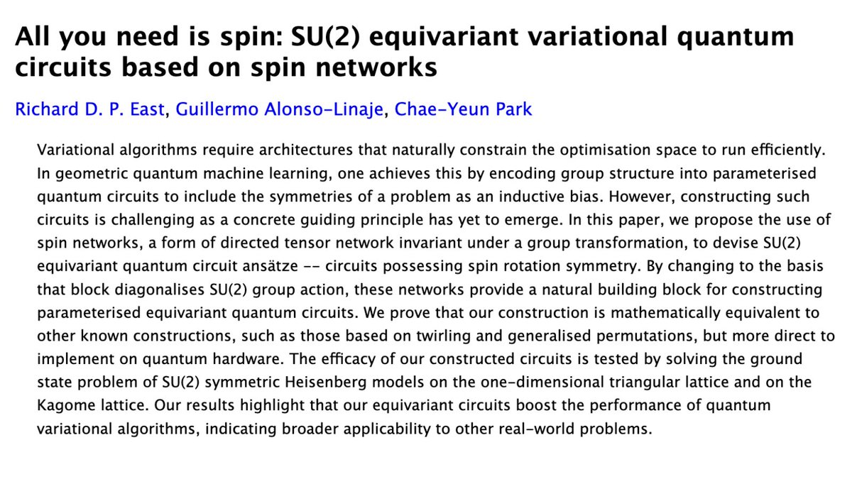 🎶 All you need is spin!⚛

Xanadu Quantum machine learning team members Richard East, Guillermo Alonso-Linaje (<a href="/KetPuntoG/">Ket.G</a>) and Chae-Yeun Park (<a href="/chae_yeun_park/">Chae-Yeun Park</a>)  introduce theory-backed, user-friendly, variational circuit gates for SU(2).

arxiv.org/abs/2309.07250

🧵 1/15