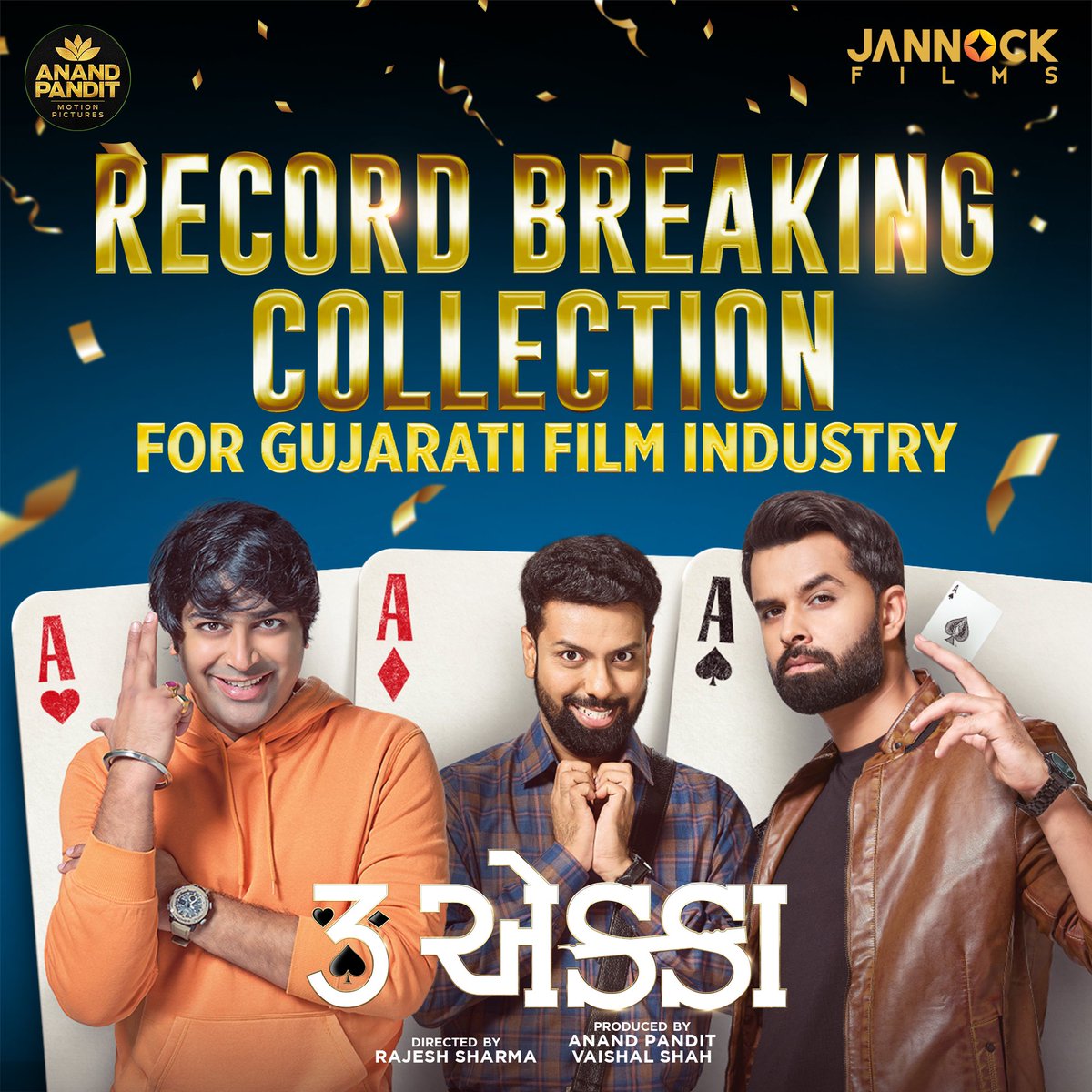 The comedy entertainer '3 Ekka,' produced by Anand Pandit and Vaishal Shah, is sweeping  Gujarat's box-office by breaking several records, including the highest opening day, weekend, and first-week collections. Even after 21 days, the movie is packing in huge crowds and is being