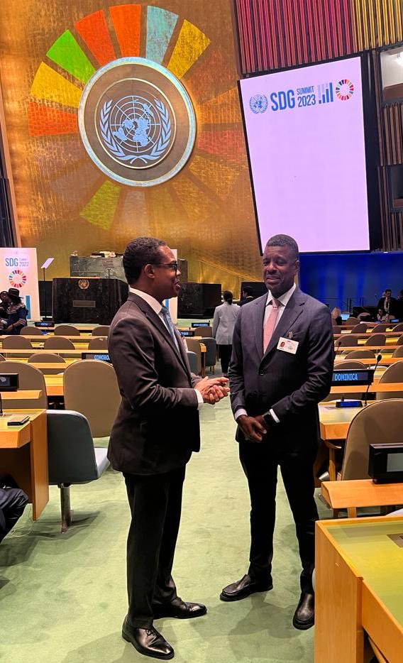 Senator the Honourable Dr. Amery Browne, Minister of Foreign and CARICOM Affairs interacts with his colleague, the Honourable Dr. Vince Henderson, Minister for Foreign Affairs, International Business, Trade and Energy before the commencement of the #SDGSummit at #UNGA78.