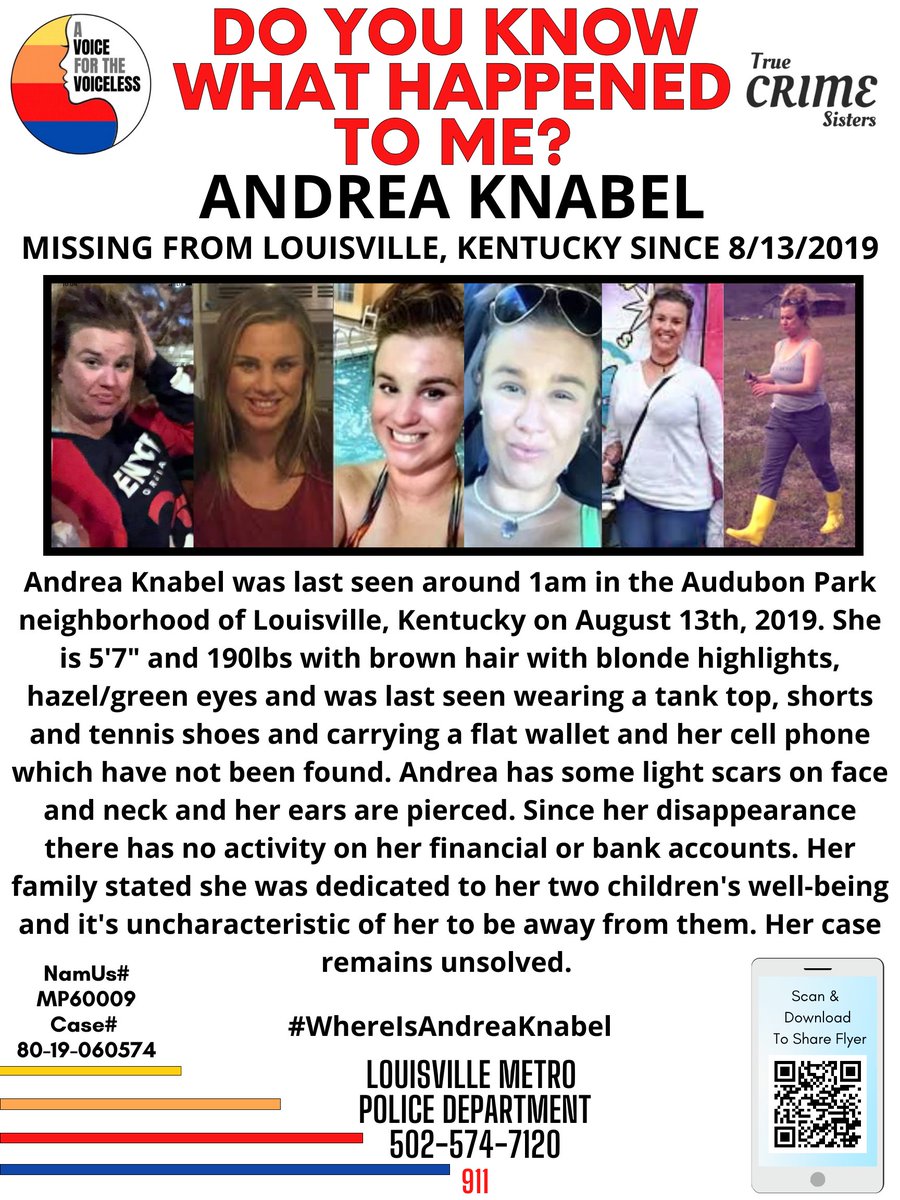 PLEASE‼️It only takes one second to share this #MissingPerson  #WhereIsAndreaKnabel
@erin_knabel 
NamUs# MP60009 
Case#  80-19-060574
#AndreaKnabel was last seen around 1am in the Audubon Park neighborhood of #Louisville, #Kentucky on August 13th, 2019.