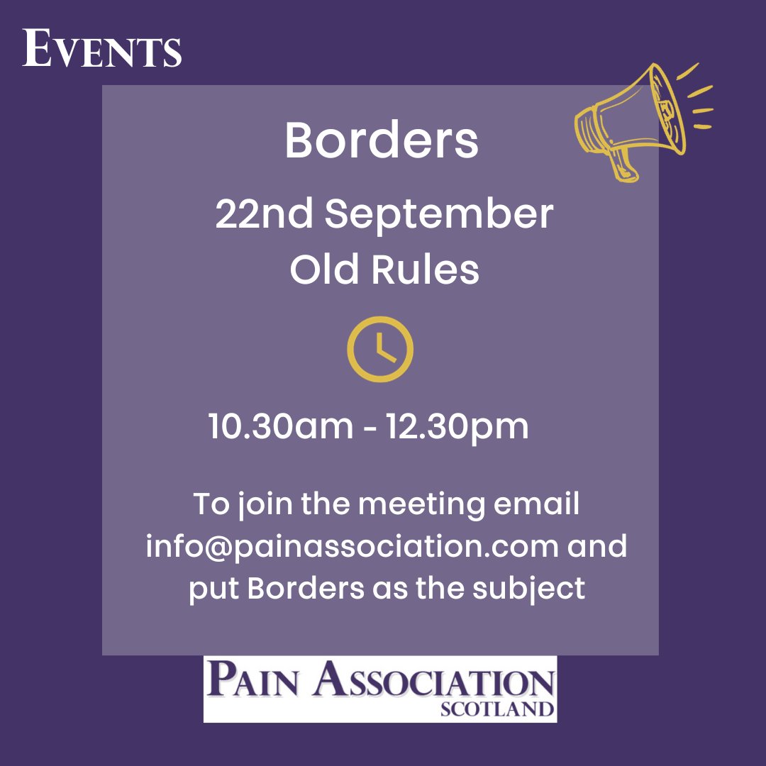 PainAssocScot's tweet image. Next Borders Wide meeting will be online

Meetings details 👇

To sign up 👇
bit.ly/3suRNrn

#Borders #oldrules  

@SoniaCottom @NHSBorders @BordersMentalH @NHSB_Pharmacy @NHSBordersLib @ScotCLWnetwork
