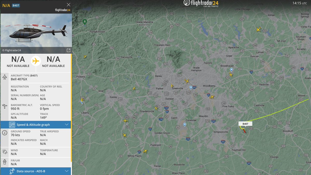 BrianBarnesWX's tweet photo. Looks like the Greenville, SC area might be the focus in the #F35 search. There's a helicopter with no identification flying and a Navy P-8 doing race tracks nearby. https://t.co/GsGVrQpdal
