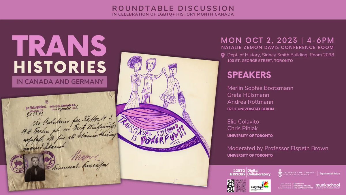 🗓️Save the Date! Join us on Oct 2, 2023, as we celebrate #LGBTQHistoryMonth Canada with an illuminating round table discussion. We’re diving deep into current trends, challenges, and interventions facing trans history research in Canada and Germany. 🇨🇦🇩🇪🏳️‍⚧️