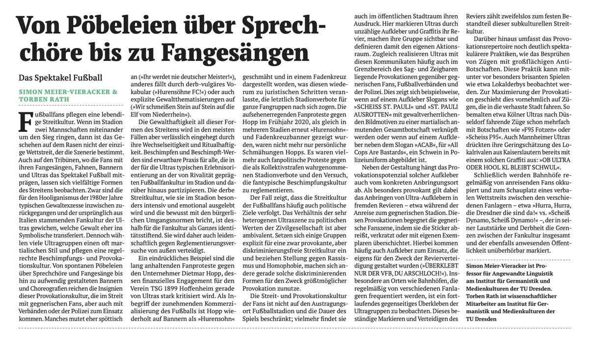 Von Pöbeleien über Sprechchöre bis hin zu Fangesängen. Hier geben Simon Meier-Vieracker <a href="/fussballinguist/">Smoin Mieer-Vearecikr</a> &amp; Torben Rath Einblicke in die Streitkultur von Fußballfans &amp; zeigen vielfältige Formen des Streitens &amp; Provozierens im Stadion:
politikkultur.de/themen/streitk…