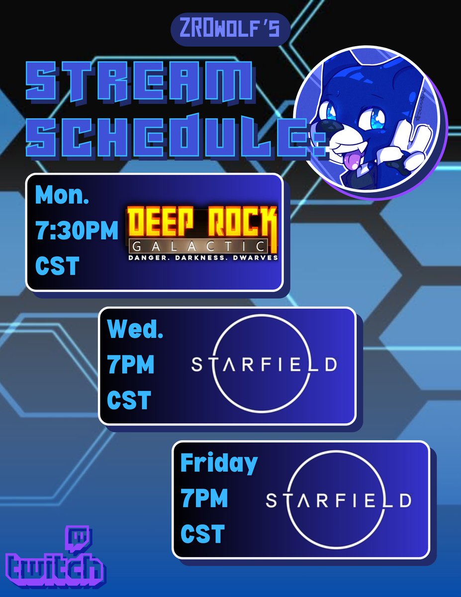 ZROwolfGaming's tweet photo. Good morning everyone! Here is this week's stream schedule! 
Monday, September 18, 2023 7:30 PM Deep Rock Galactic with the Monday crew! 
Wednesday, September 20, 2023 7:00 PM Starfield exploration and adventures! 
Friday, September 20, 2023 7:00 PM More Starfield! https://t.co/WAjCwfH2c1