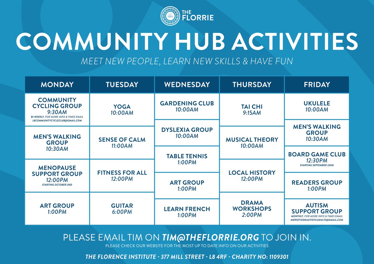 🍂 NEW AUTUMN TIMETABLE 🍂 Our new autumn timetable includes some fantastic new additions like cycling, board game club, and our new menopause support group (starting October 2nd). Please contact Tim at tim@theflorrie.org for more information or to sign up.