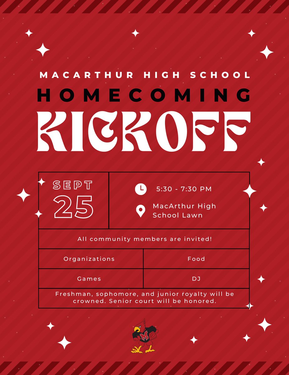 Irving ISD (@irvingisd) on Twitter photo Attention, <a href="/MacArthurCards/">MacArthur HS</a>! Celebrate Homecoming week at the MacArthur Homecoming Kick-off!
📆 Mon., Sept. 25
⏰ 5:30 - 7:30 PM
📌 MacArthur High School
Enjoy food, games and get pumped for the big game on Fri., Sept. 29. Purchase tickets 👉 IrvingISD.net/Athletics. Attention, <a href="/MacArthurCards/">MacArthur HS</a>! Celebrate Homecoming week at the MacArthur Homecoming Kick-off!
📆 Mon., Sept. 25
⏰ 5:30 - 7:30 PM
📌 MacArthur High School
Enjoy food, games and get pumped for the big game on Fri., Sept. 29. Purchase tickets 👉 IrvingISD.net/Athletics.