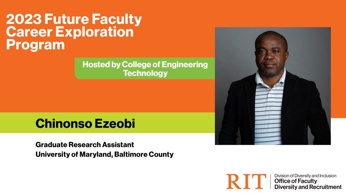 FacultyRecruit's tweet photo. Introducing Chinonso Ezeobi as part of the 2023 #FuturFaculty Career Exploration Program. Chinonso is a G-RISE Meyerhoff scholar pursuing a PhD in electrical engineering at @UMBC. He is hosted by @RITEngTech 

#FacultyDiversity #RITDiversity https://t.co/q5iKqCBS6f