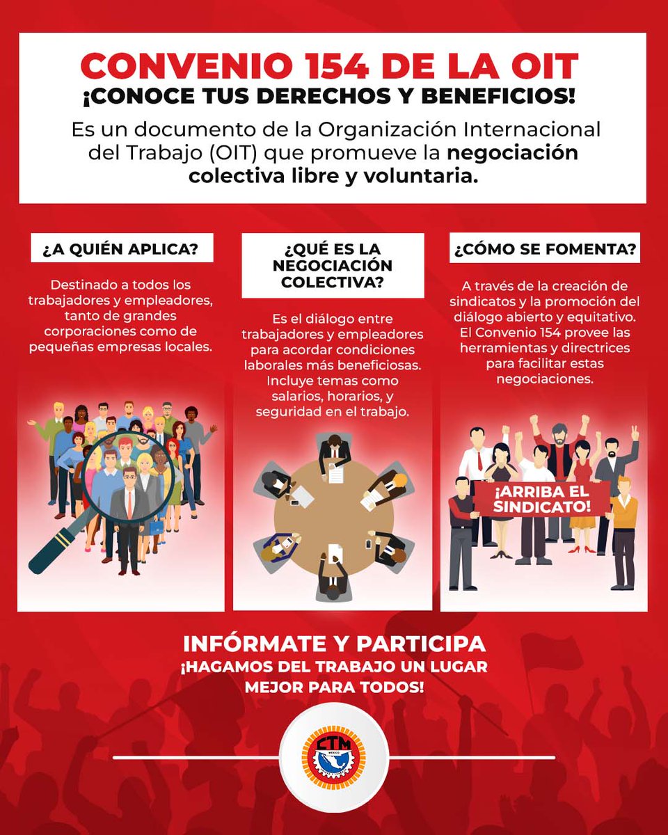 🌟¡La negociación libre y auténtica nos pertenece!🌟 Impulsado por la <a href="/CTM_MX/">CTM Nacional</a>, el Convenio 154 de la OIT abre las puertas a un diálogo laboral justo y equitativo.   

¡Conoce tus derechos y súmate para construir un futuro más próspero para todos!👇🧐