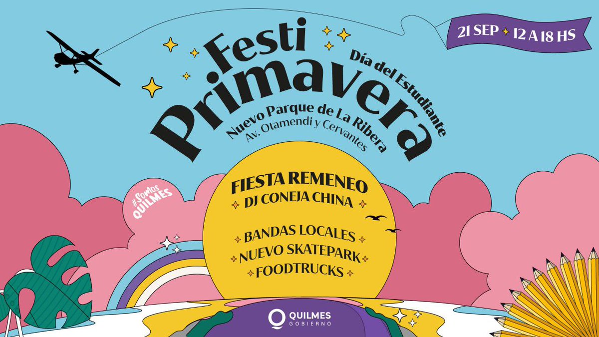 🌸 Este Día la Primavera lo celebramos en el nuevo Parque de La Ribera!

📚 Vení a pasar el Día del Estudiante y a disfrutar de shows vivo, gastronomía local, y del nuevo skatepark.

📣 Hacé correr la voz

¡No te la podes perder!

📍Av. Otamendi y Cervantes.

#SomosQuilmes 💜✌🏻